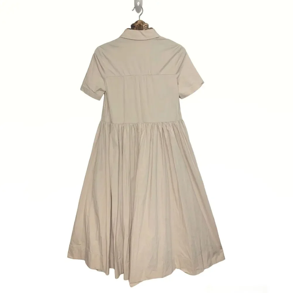 Staud Guilia Shirt Dress Ruched Gather Waist Midi Tan Cream Biscotti Collar S